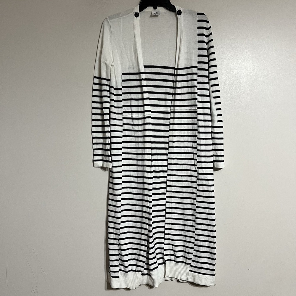 Cabi Cardigan Womens Size‎ Small White Blue Striped Knit Duster Sweater Nautical